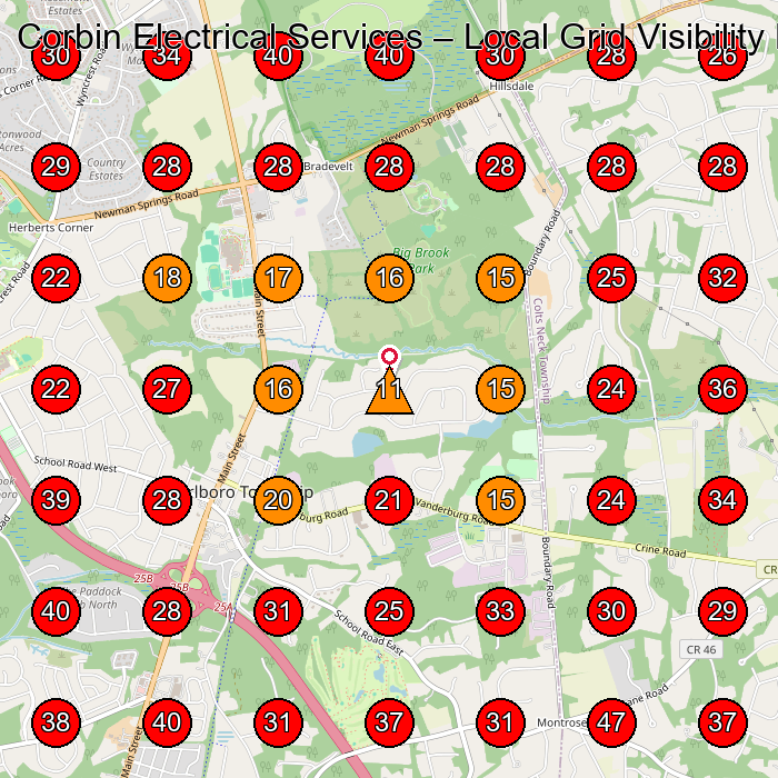 Corbin Electrical Services GeoGrid visibility map for Electrician in Wall Township