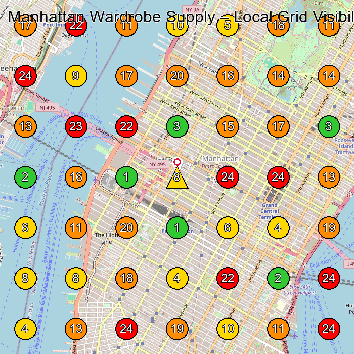 Manhattan Wardrobe Supply Sewing Shop GeoGrid ranking map for New York NY
