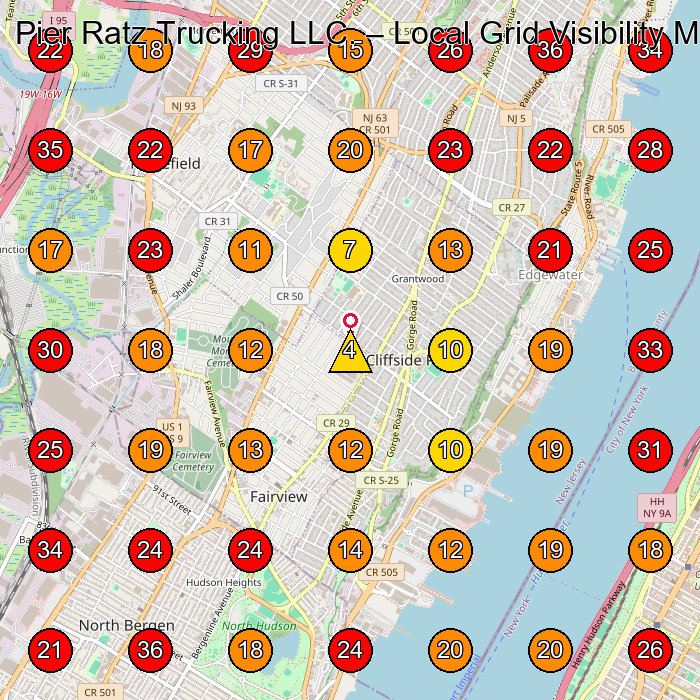 Pier Ratz Trucking LLC. GeoGrid visibility map for Trucking Company in North Bergen