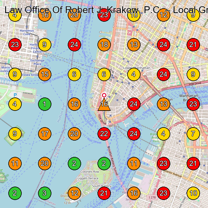 Law Office Of Robert J. Krakow, P.C. Personal Injury Attorney GeoGrid ranking map for New York NY