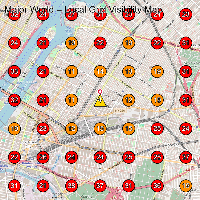 Major World GeoGrid visibility map for Chevrolet Dealer in Queens