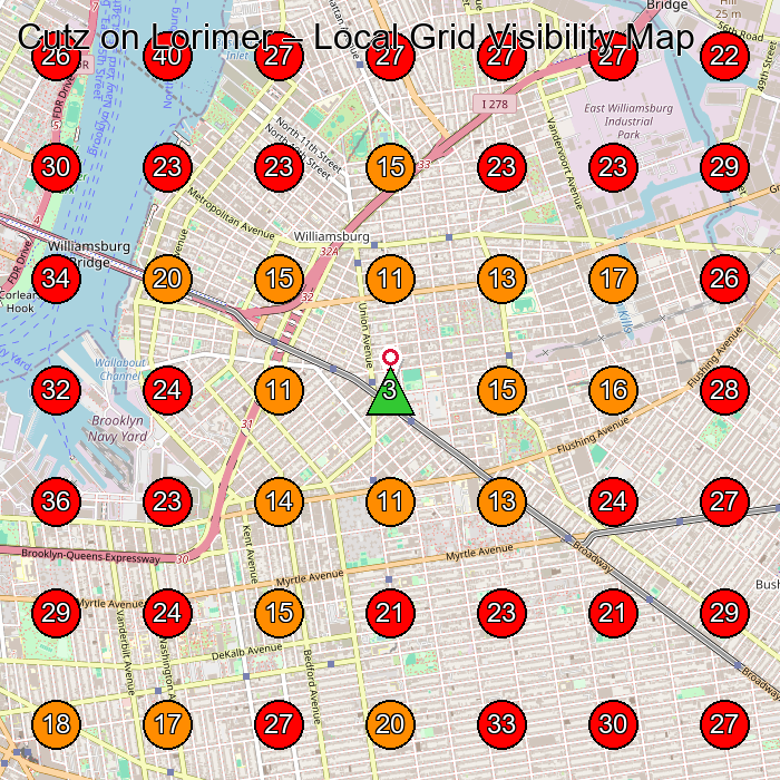 Cutz on Lorimer GeoGrid visibility map for Barber Shop in Brooklyn