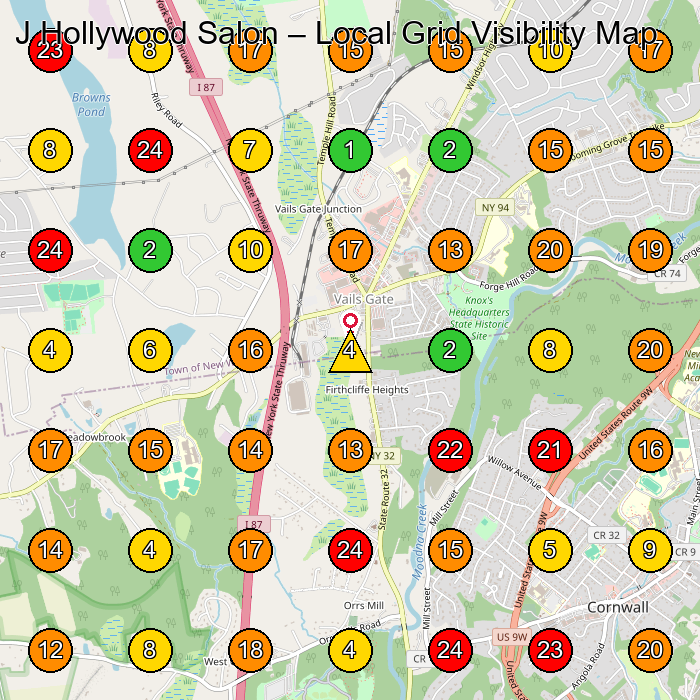 J Hollywood Salon Hair Salon GeoGrid ranking map for New Windsor NY