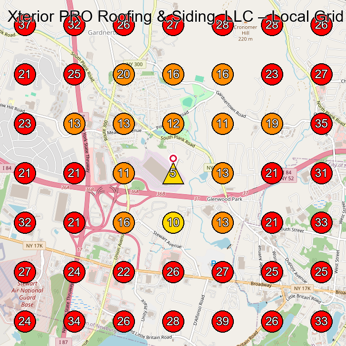 Xterior PRO Roofing & Siding, LLC GeoGrid visibility map for Roofing Contractor in Newburgh