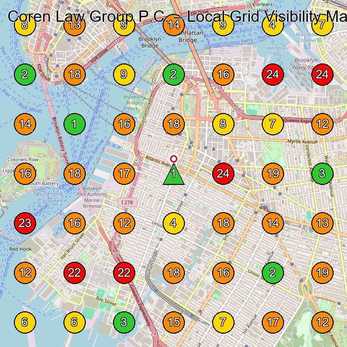 Coren Law Group P.C. Employment Attorney GeoGrid ranking map for Brooklyn NY