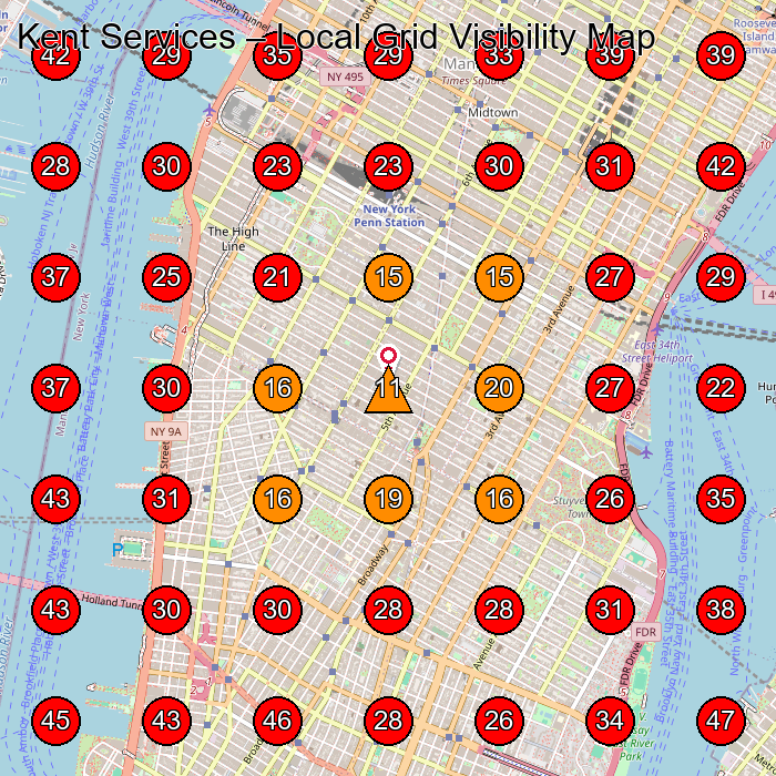 Kent Services GeoGrid visibility map for Security Guard Service in New York