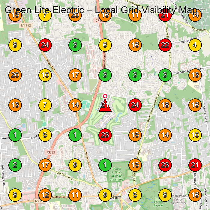 Green Lite Electric Electrician GeoGrid ranking map for Coram NY