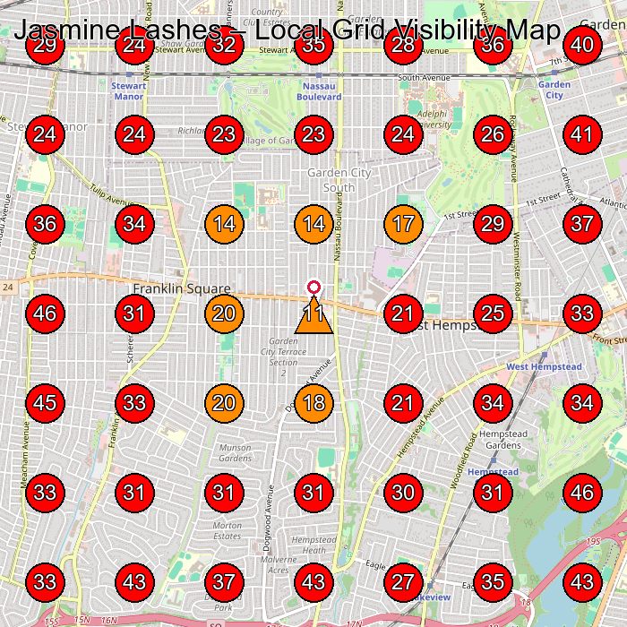 Jasmine Lashes GeoGrid visibility map for Eyelash Salon in Merrick