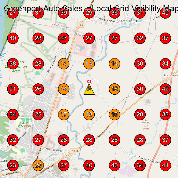 Greenport Auto Sales GeoGrid visibility map for Swimming Pool Contractor in Hudson