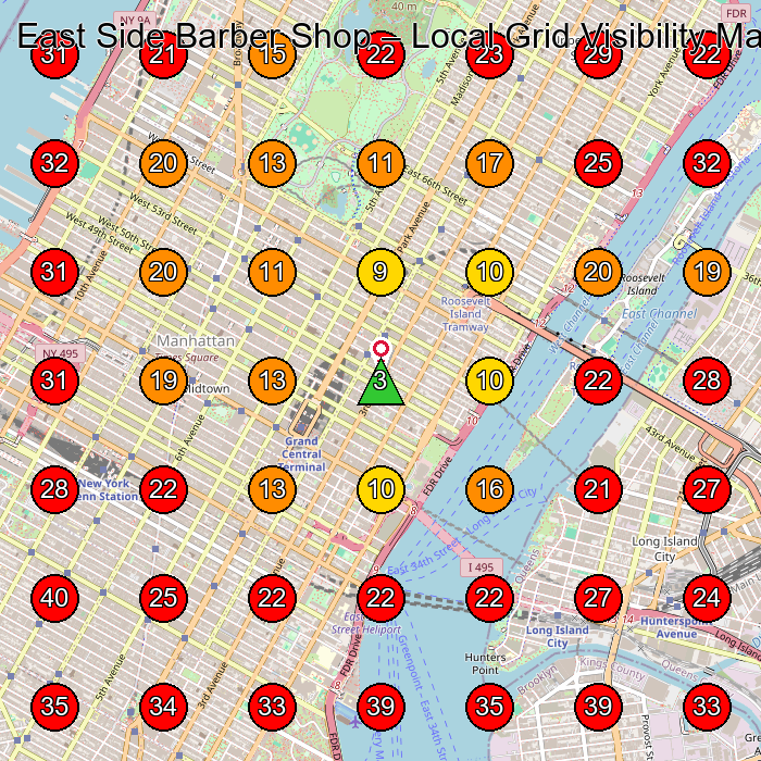 East Side Barber Shop GeoGrid visibility map for Barber Shop in New York