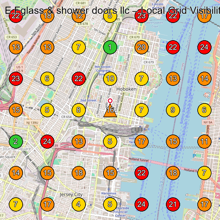 E.Fglass & shower doors llc Shower Door Shop GeoGrid ranking map for Jersey City NJ