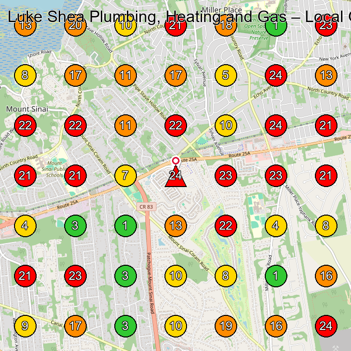 Luke Shea Plumbing, Heating and Gas Plumber GeoGrid ranking map for Miller Place NY