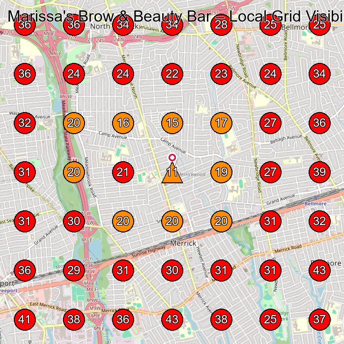 Marissa's Brow & Beauty Bar GeoGrid visibility map for Hair Salon in Merrick
