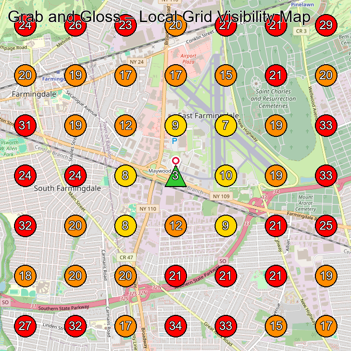 Grab and Gloss GeoGrid visibility map for Hair Salon in Farmingdale