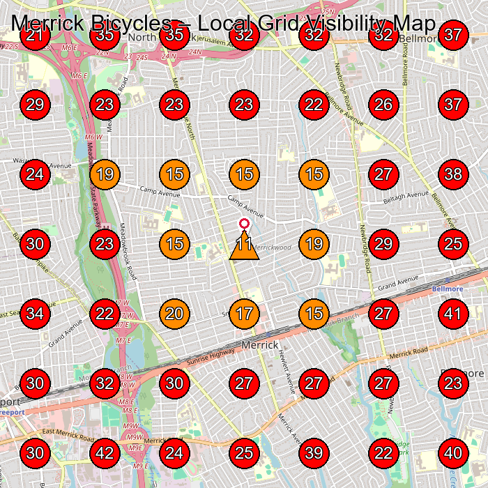 Merrick Bicycles GeoGrid visibility map for Bicycle Store in Rockville Centre