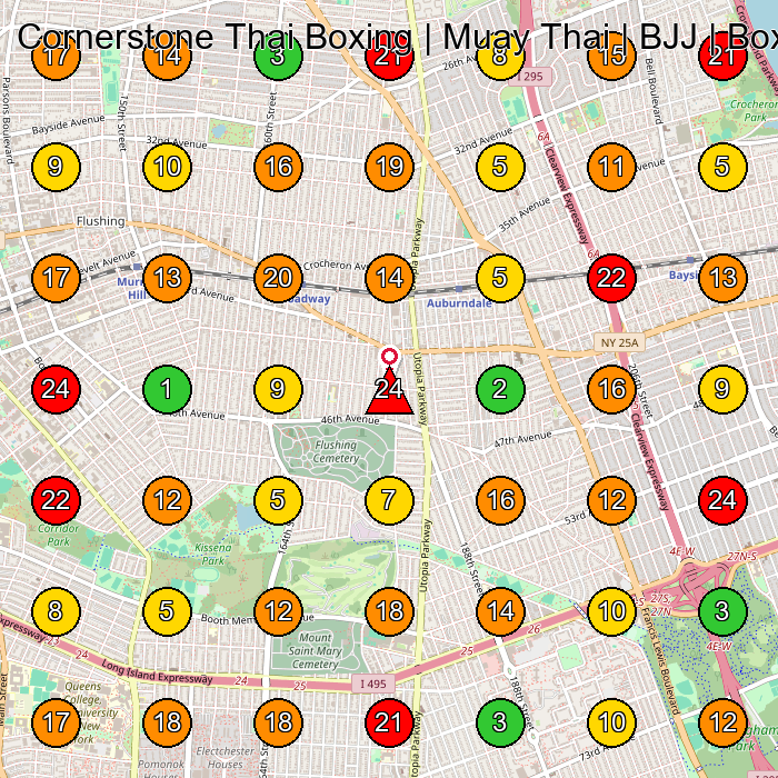 Cornerstone Thai Boxing | Muay Thai | BJJ | Boxing | Martial Arts School Martial Arts School GeoGrid ranking map for Queens NY
