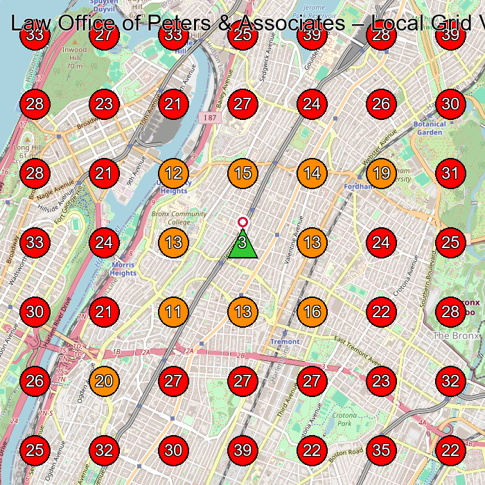 Law Office of Peters & Associates GeoGrid visibility map for Personal Injury Attorney in Bronx