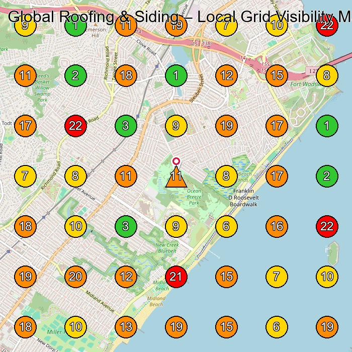 Global Roofing & Siding Roofing Contractor GeoGrid ranking map for Staten Island NY