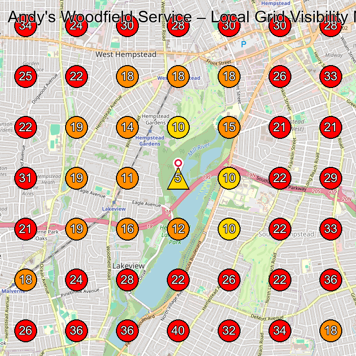 Andy's Woodfield Service GeoGrid visibility map for Auto Repair Shop in Hewlett