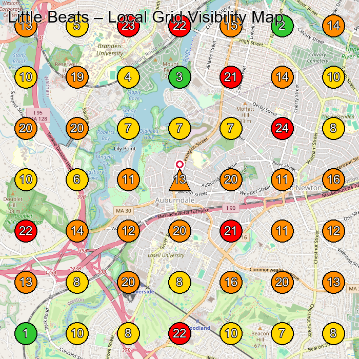 Little Beats Dance School GeoGrid ranking map for Auburndale MA