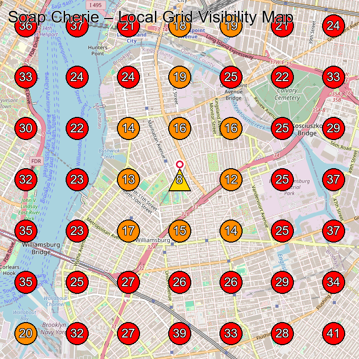 Soap Cherie GeoGrid visibility map for Beauty Supply Store in Brooklyn