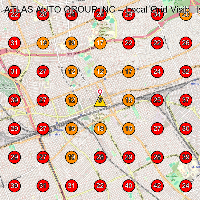 ATLAS AUTO GROUP INC GeoGrid visibility map for Used Car Dealer in Queens