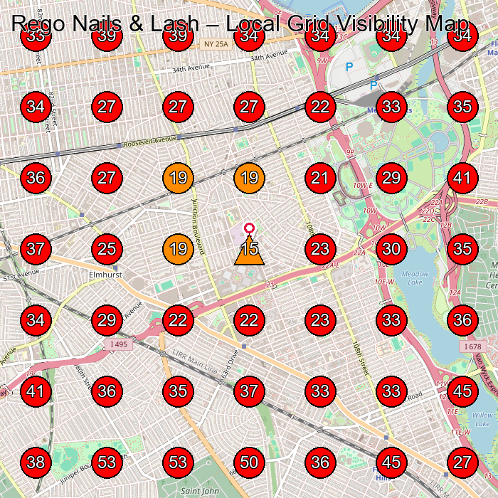 Rego Nails & Lash GeoGrid visibility map for Nail Salon in Queens