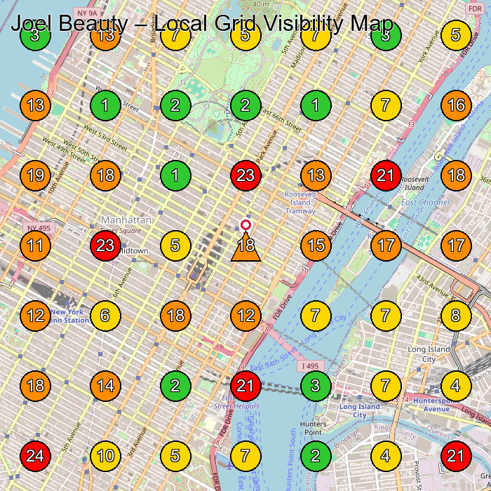 Joel Beauty Medical Spa GeoGrid ranking map for corner of 60th and 61st (across from Bloomingdales 2nd