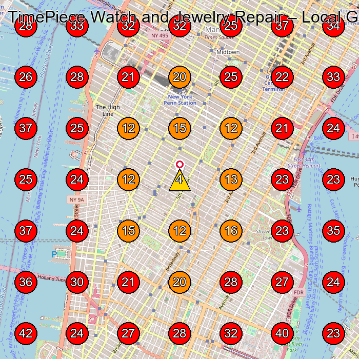 TimePiece Watch and Jewelry Repair GeoGrid visibility map for Watch Repair Service in New York