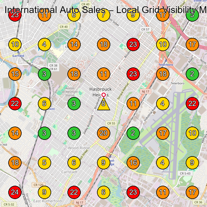 International Auto Sales Used Car Dealer GeoGrid ranking map for Hasbrouck Heights NJ