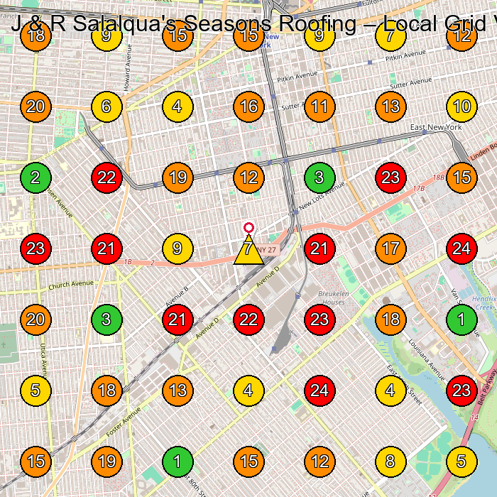 J & R Salalqua's Seasons Roofing Roofing Contractor GeoGrid ranking map for Brooklyn NY