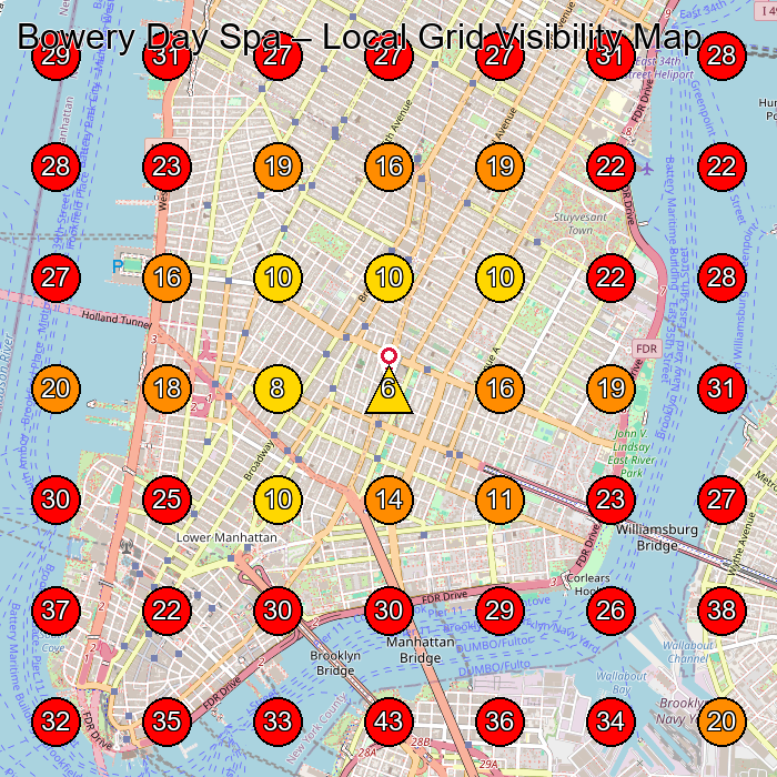 Bowery Day Spa GeoGrid visibility map for Day Spa in Brooklyn