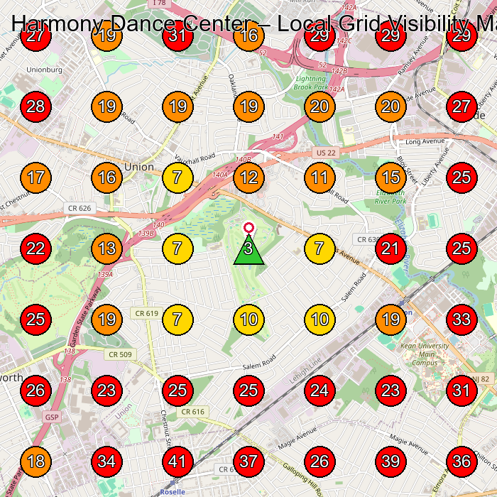 Harmony Dance Center GeoGrid visibility map for Dance School in Elizabeth