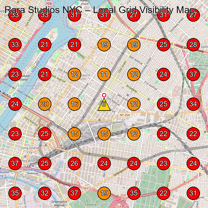 Rara Studios NYC GeoGrid visibility map for Beauty Salon in Queens
