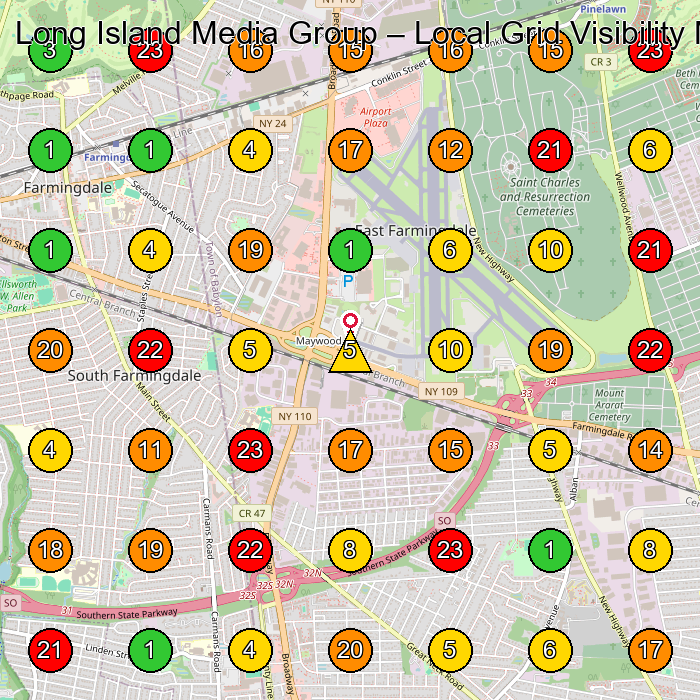 Long Island Media Group Media Company GeoGrid ranking map for Farmingdale NY