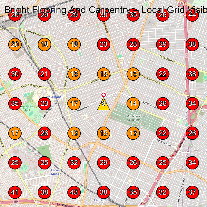 Bright Flooring And Carpentry GeoGrid visibility map for Roofing Contractor in 11434