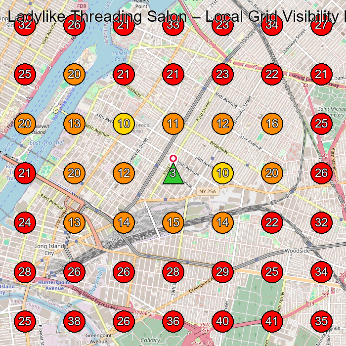 Ladylike Threading Salon GeoGrid visibility map for Beauty Salon in Queens
