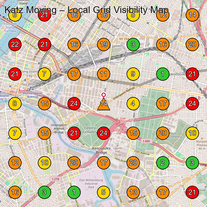 Katz Moving Moving And Storage Service GeoGrid ranking map for Long Island City NY