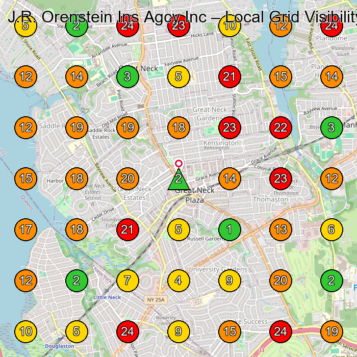 J.R. Orenstein Ins Agcy Inc Insurance Agency GeoGrid ranking map for Great Neck NY