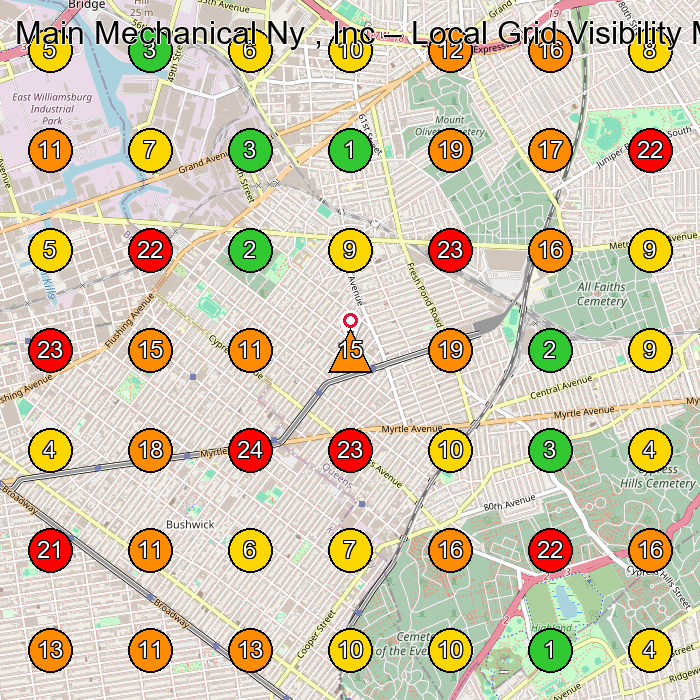 Main Mechanical Ny , Inc Hvac Contractor GeoGrid ranking map for Ridgewood NY