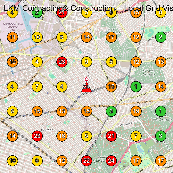 LKM Contracting& Construction Construction Company GeoGrid ranking map for Queens NY
