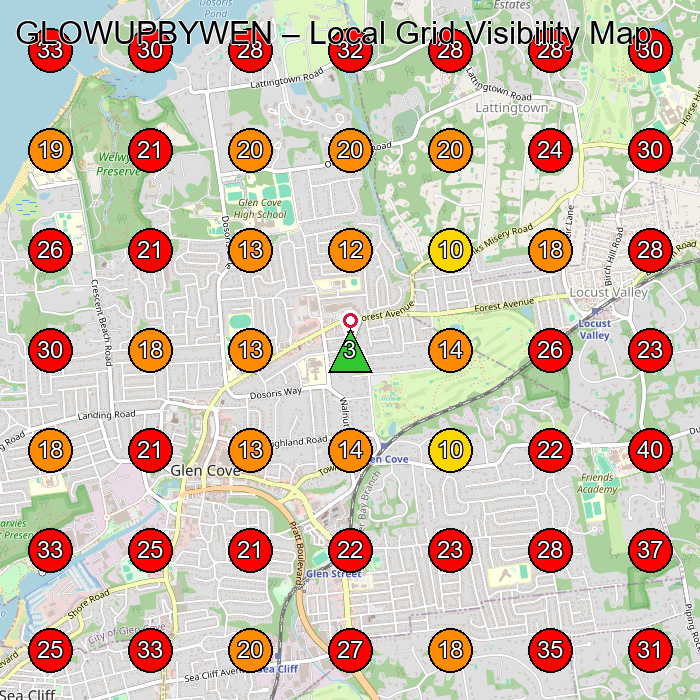 GLOWUPBYWEN GeoGrid visibility map for Beauty Salon in Glen Cove