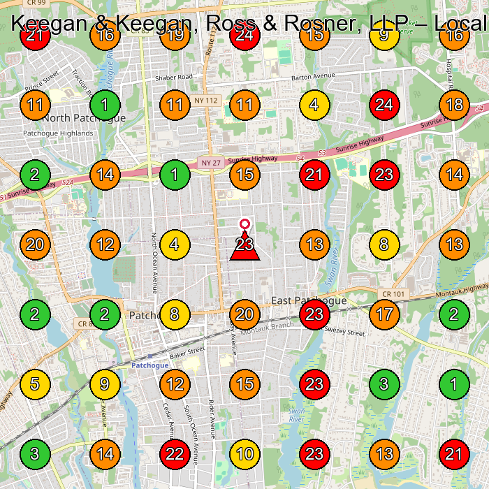 Keegan & Keegan, Ross & Rosner, LLP General Practice Attorney GeoGrid ranking map for Patchogue NY