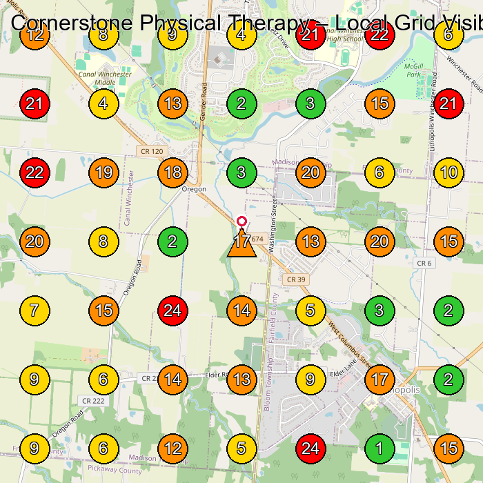 Cornerstone Physical Therapy Physical Therapy Clinic GeoGrid ranking map for Canal Winchester OH