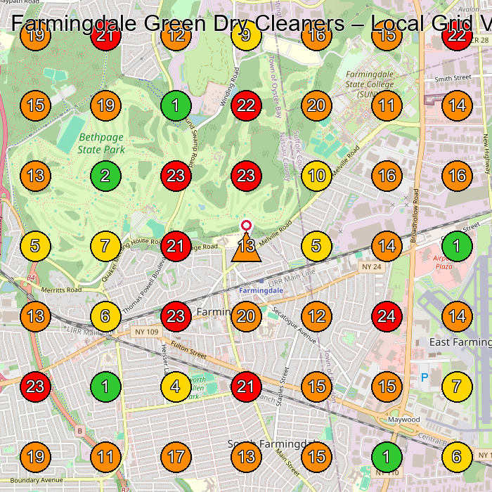 Farmingdale Green Dry Cleaners Dry Cleaner GeoGrid ranking map for Farmingdale NY