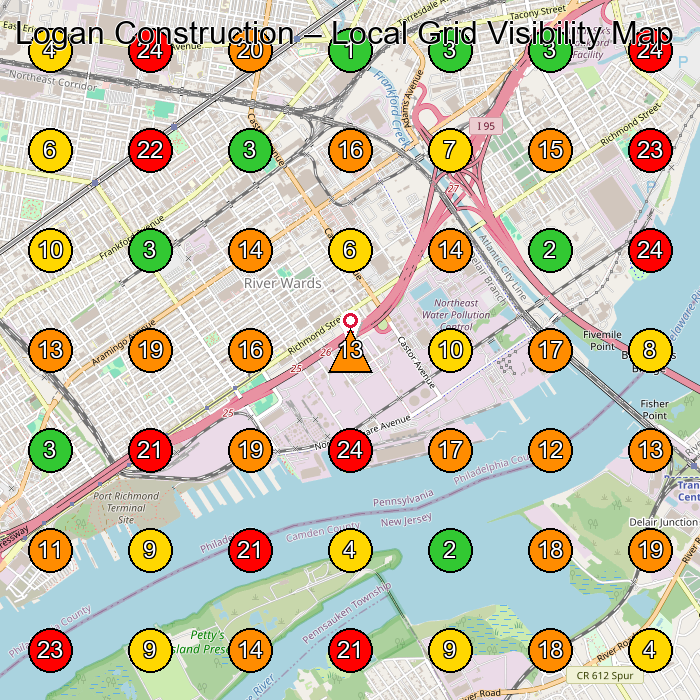 Logan Construction General Contractor GeoGrid ranking map for Philadelphia PA