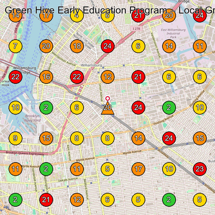 Green Hive Early Education Program Preschool GeoGrid ranking map for Brooklyn NY