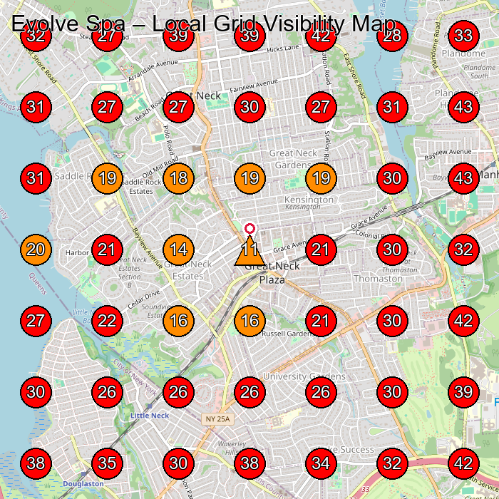 Evolve Spa GeoGrid visibility map for Day Spa in Glen Cove