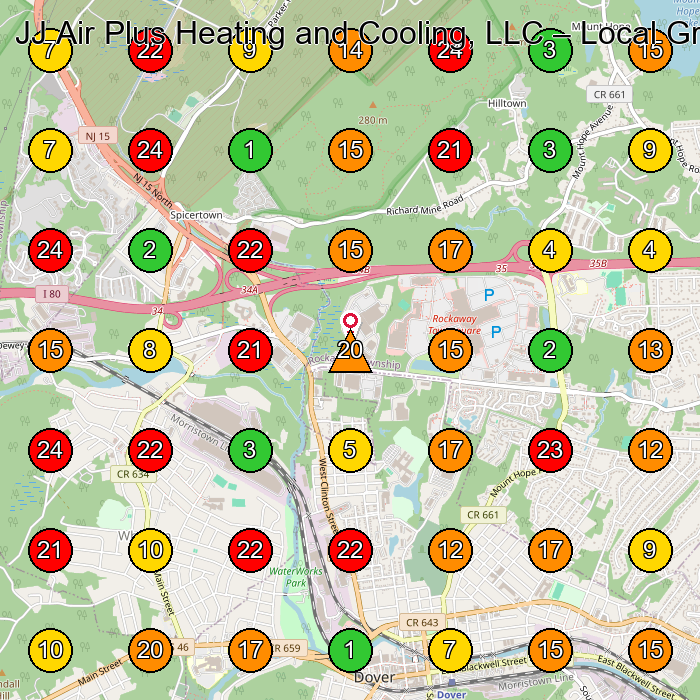 JJ Air Plus Heating and Cooling, LLC Hvac Contractor GeoGrid ranking map for Dover NJ
