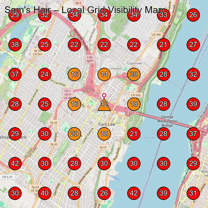 Sam's Hair GeoGrid visibility map for Hair Salon in Fort Lee